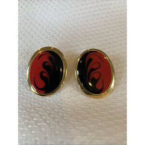 Vintage 80s Oval Button Earrings Gold Tone With Red And Black Design